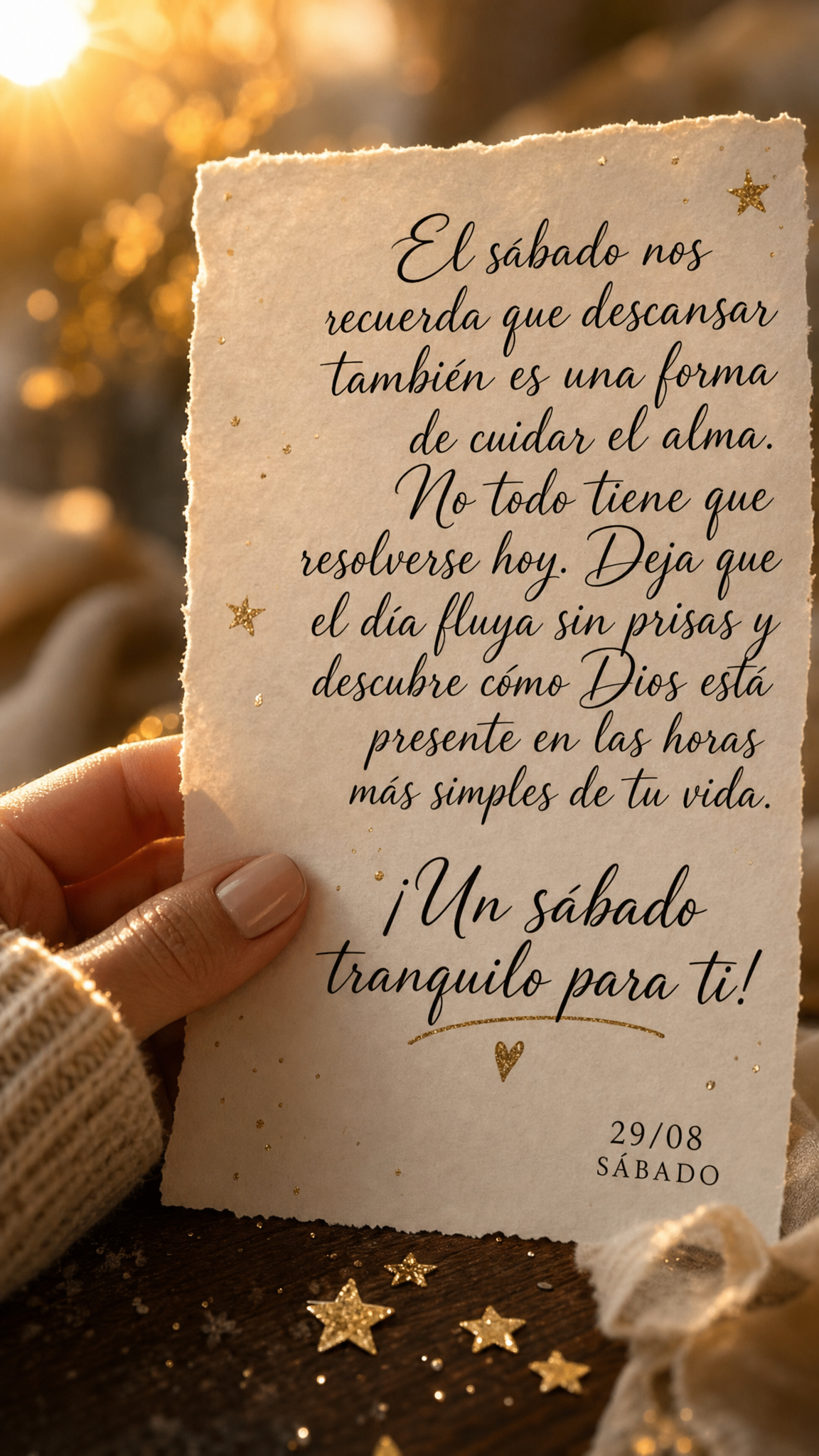El sábado nos recuerda que descansar también es una forma de cuidar el alma. No todo tiene que resolverse hoy. Deja que el día fluya sin prisas y desc...