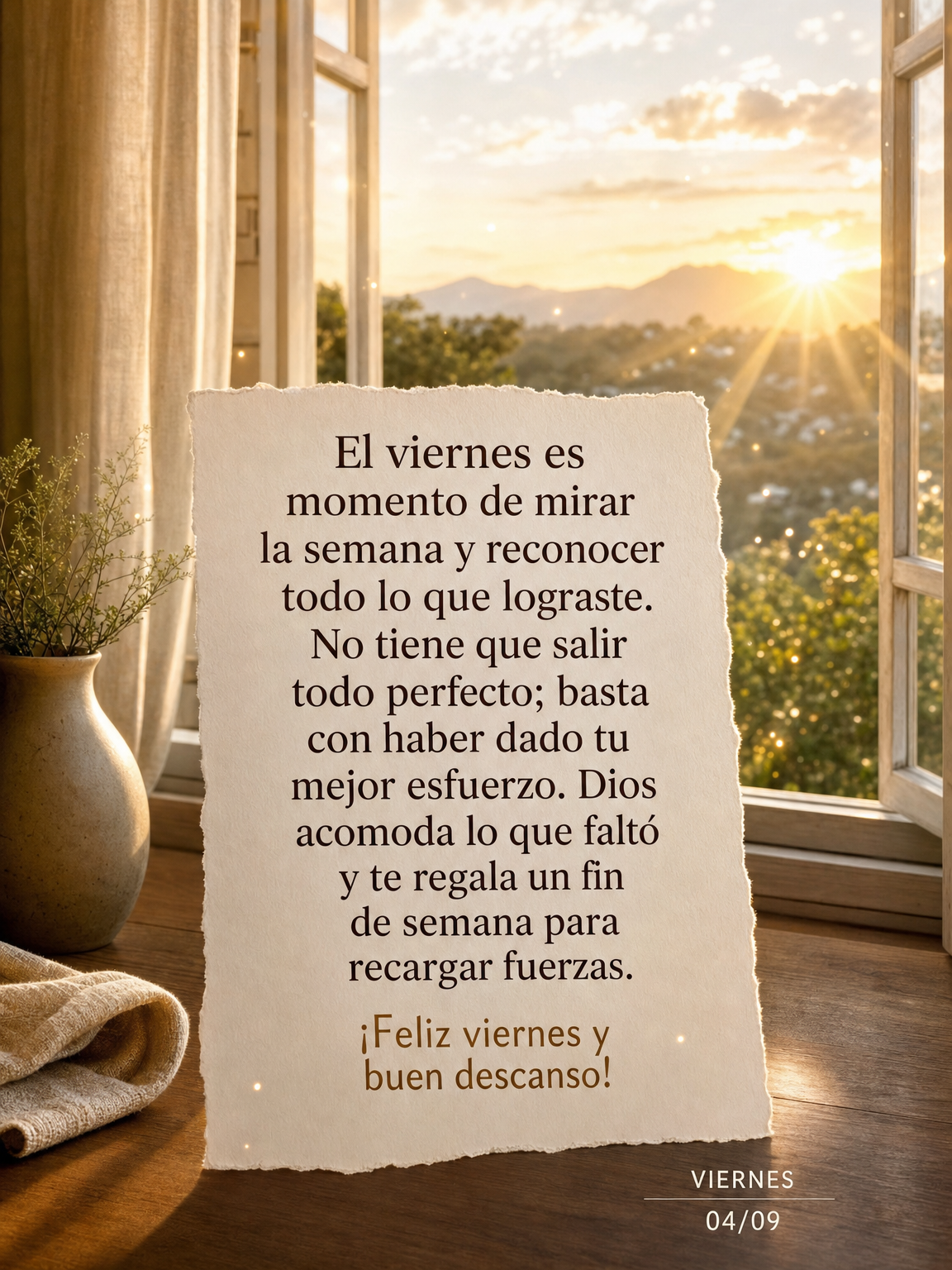 El viernes es momento de mirar la semana y reconocer todo lo que lograste. No tiene que salir todo perfecto; basta con haber dado tu mejor esfuerzo. Dios...