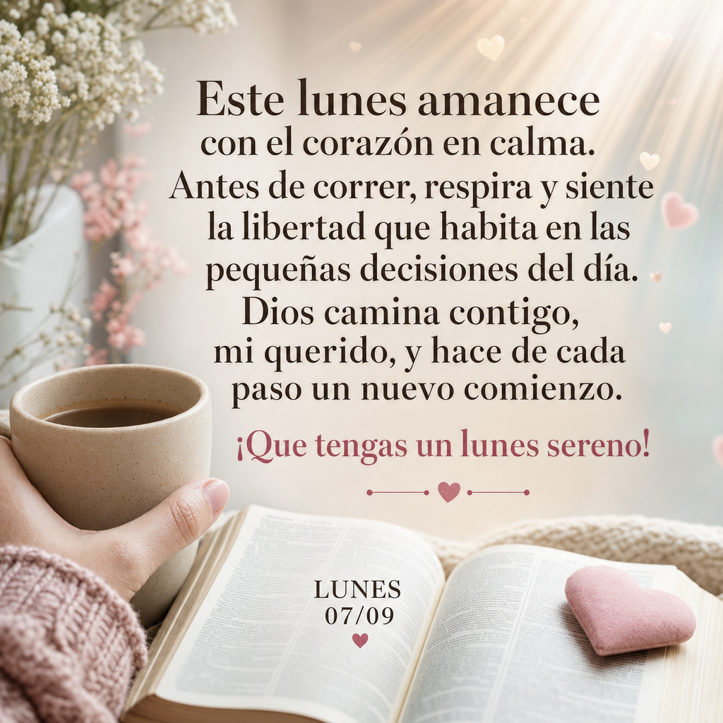 Este lunes amanece con el corazón en calma. Antes de correr, respira y siente la libertad que habita en las pequeñas decisiones del día. Dios camina c...