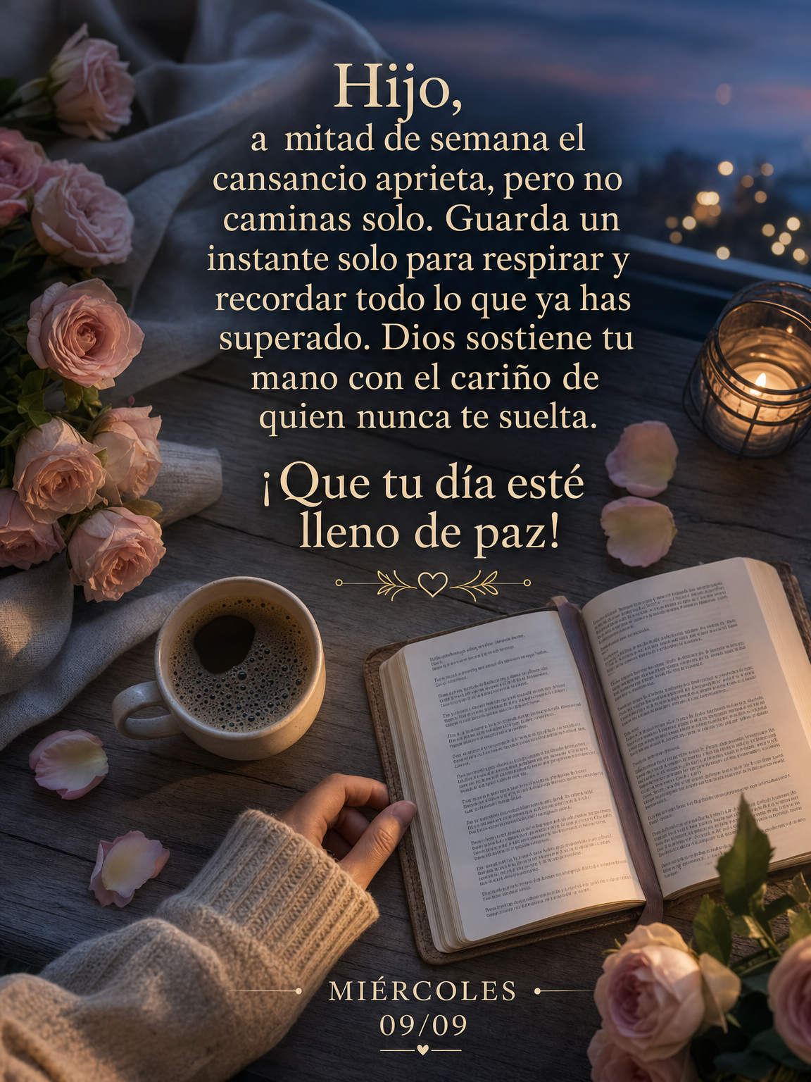 Hijo, a mitad de semana el cansancio aprieta, pero no caminas solo. Guarda un instante solo para respirar y recordar todo lo que ya has superado. Dios so...