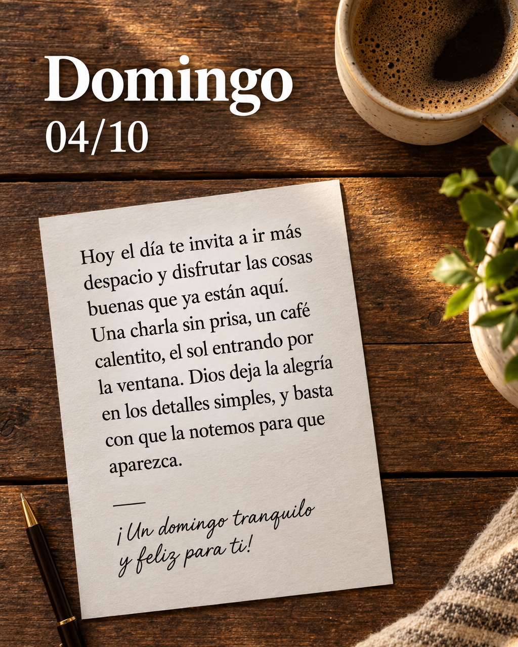 Hoy el día te invita a ir más despacio y disfrutar las cosas buenas que ya están aquí. Una charla sin prisa, un café calentito, el sol entrando por ...