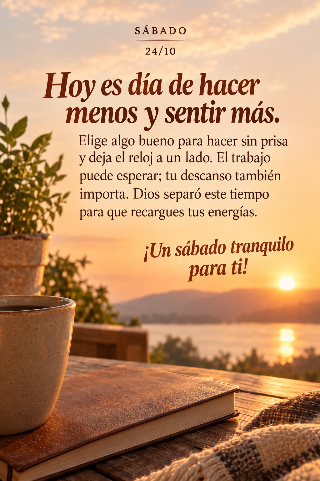 Hoy es día de hacer menos y sentir más. Elige algo bueno para hacer sin prisa y deja el reloj a un lado. El trabajo puede esperar; tu descanso también...