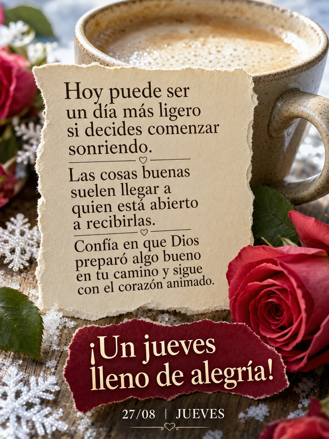 Hoy puede ser un día más ligero si decides comenzar sonriendo. Las cosas buenas suelen llegar a quien está abierto a recibirlas. Confía en que Dios p...