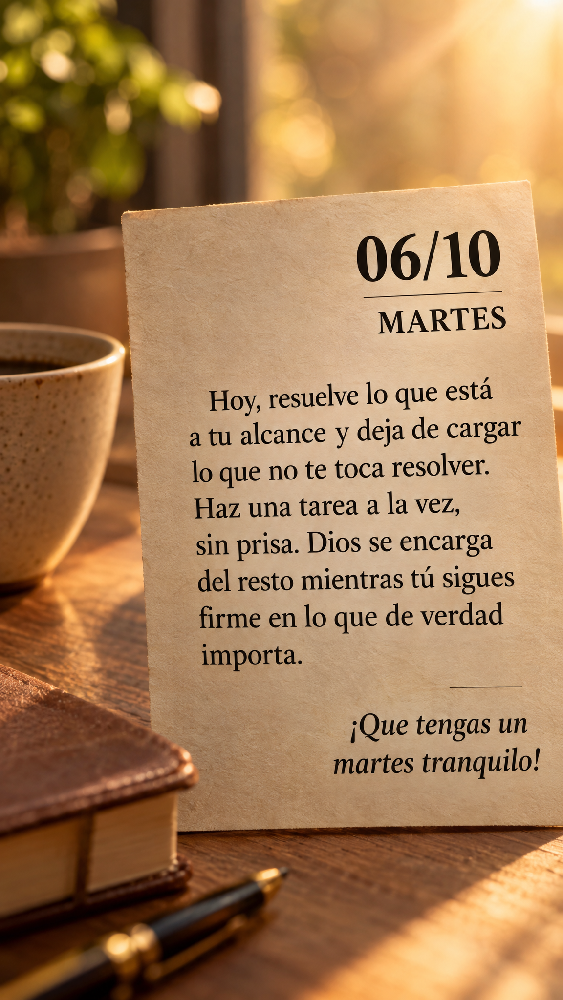 Hoy, resuelve lo que está a tu alcance y deja de cargar lo que no te toca resolver. Haz una tarea a la vez, sin prisa. Dios se encarga del resto mientra...