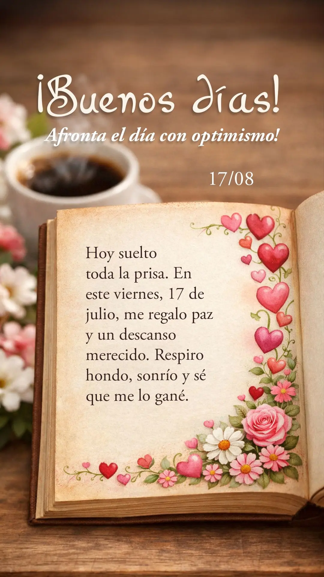 Hoy suelto toda la prisa. En este viernes, 17 de julio, me regalo paz y un descanso merecido. Respiro hondo, sonrío y sé que me lo gané. Buenos días,...
