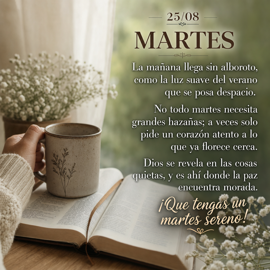 La mañana llega sin alboroto, como la luz suave del verano que se posa despacio. No todo martes necesita grandes hazañas; a veces solo pide un corazón...