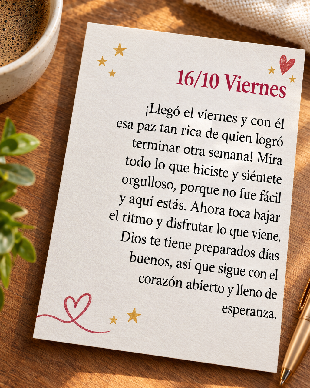 ¡Llegó el viernes y con él esa paz tan rica de quien logró terminar otra semana! Mira todo lo que hiciste y siéntete orgulloso, porque no fue fácil...