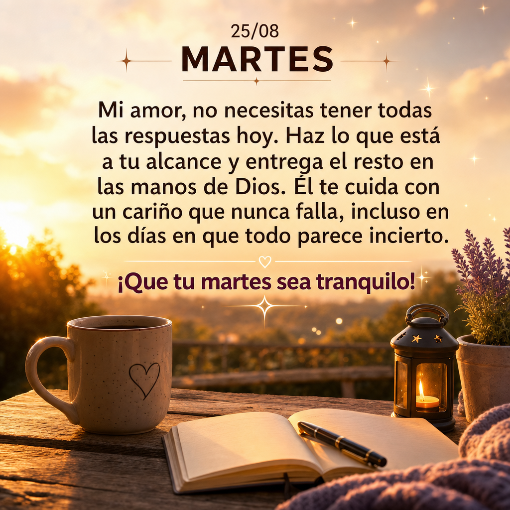 Mi amor, no necesitas tener todas las respuestas hoy. Haz lo que está a tu alcance y entrega el resto en las manos de Dios. Él te cuida con un cariño ...