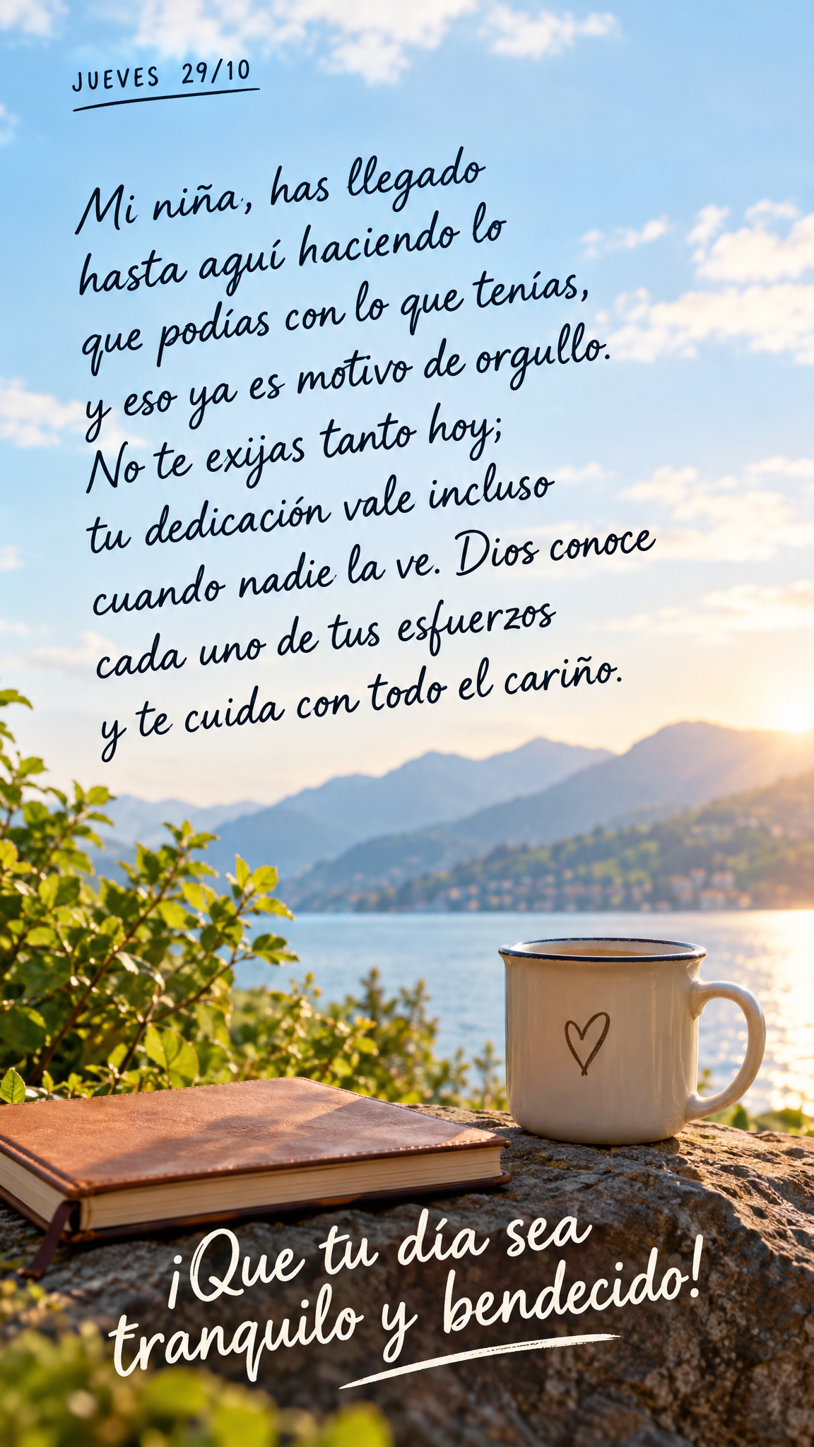 Mi niña, has llegado hasta aquí haciendo lo que podías con lo que tenías, y eso ya es motivo de orgullo. No te exijas tanto hoy; tu dedicación vale ...