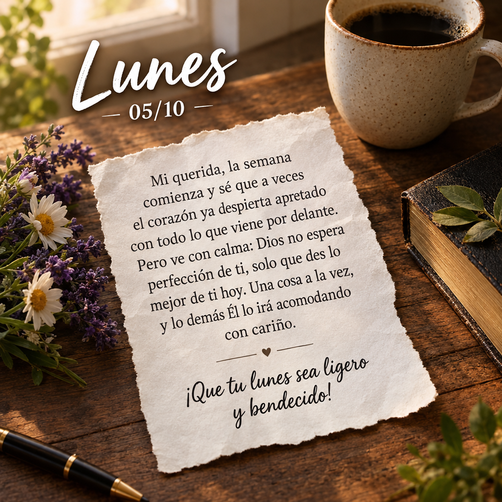 Mi querida, la semana comienza y sé que a veces el corazón ya despierta apretado con todo lo que viene por delante. Pero ve con calma: Dios no espera p...