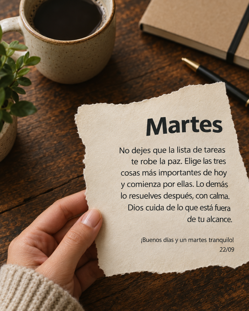 No dejes que la lista de tareas te robe la paz. Elige las tres cosas más importantes de hoy y comienza por ellas. Lo demás lo resuelves después, con c...