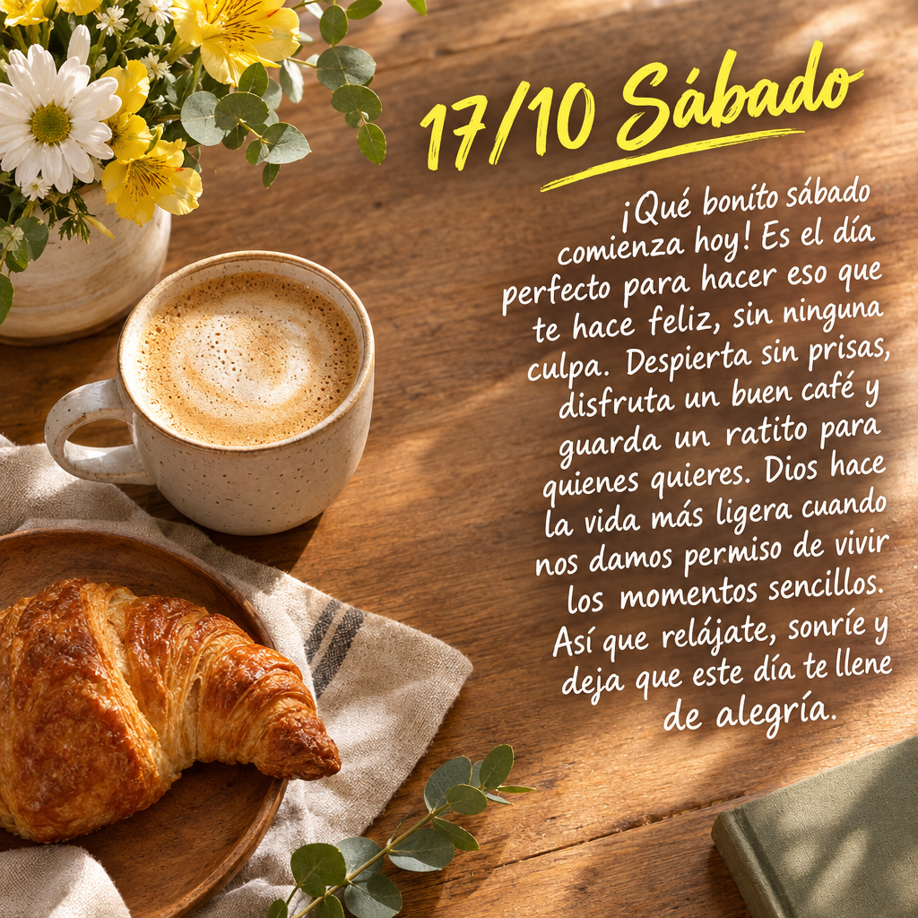 ¡Qué bonito sábado comienza hoy! Es el día perfecto para hacer eso que te hace feliz, sin ninguna culpa. Despierta sin prisas, disfruta un buen café...