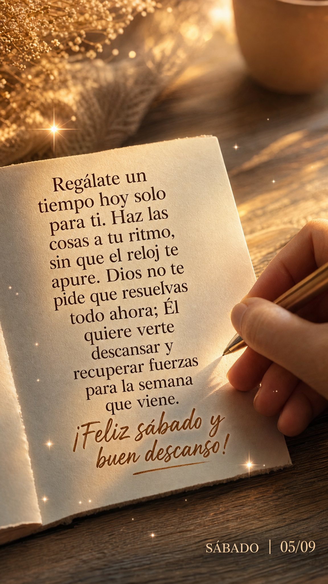 Regálate un tiempo hoy solo para ti. Haz las cosas a tu ritmo, sin que el reloj te apure. Dios no te pide que resuelvas todo ahora; Él quiere verte des...