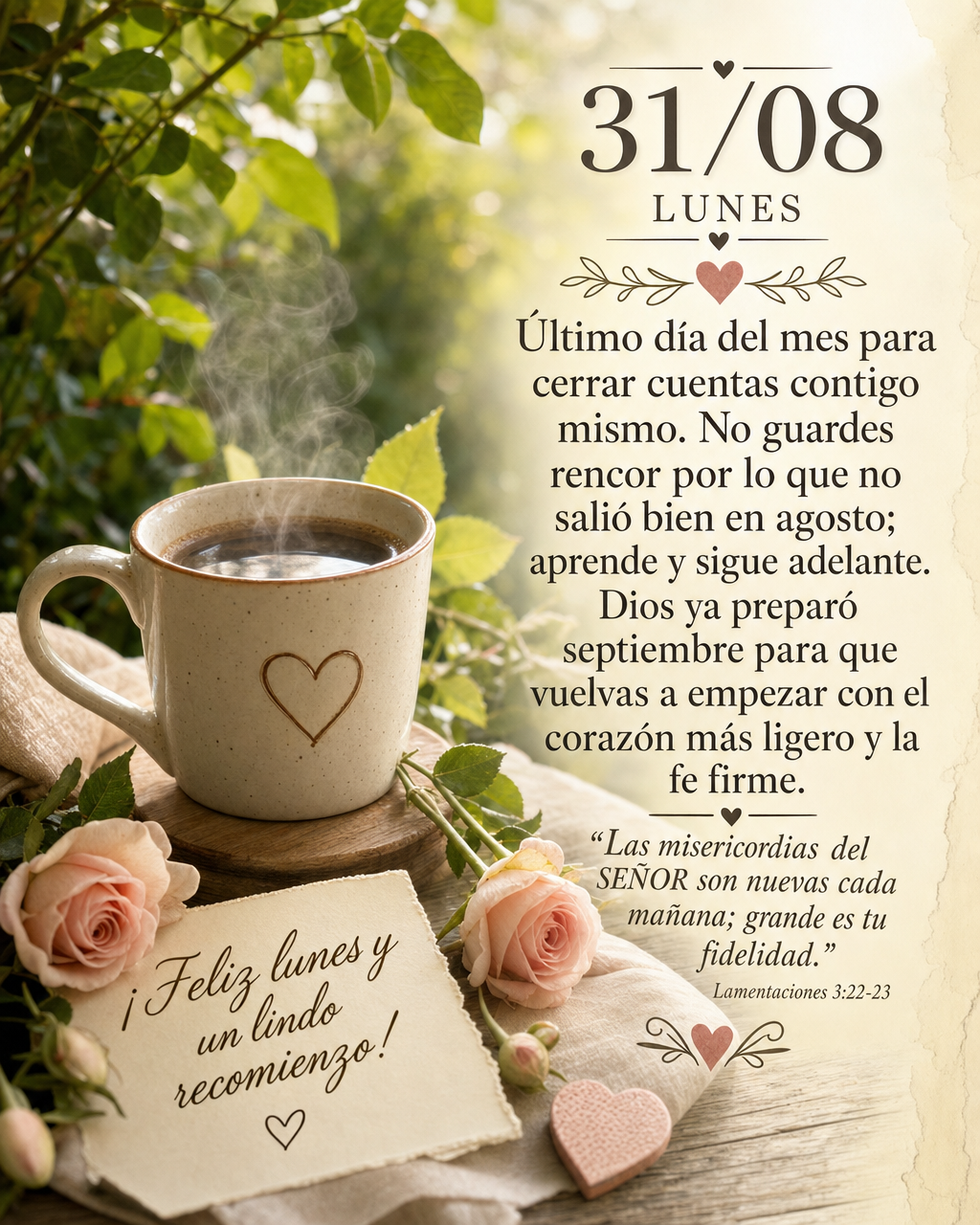 Último día del mes para cerrar cuentas contigo mismo. No guardes rencor por lo que no salió bien en agosto; aprende y sigue adelante. Dios ya preparó...