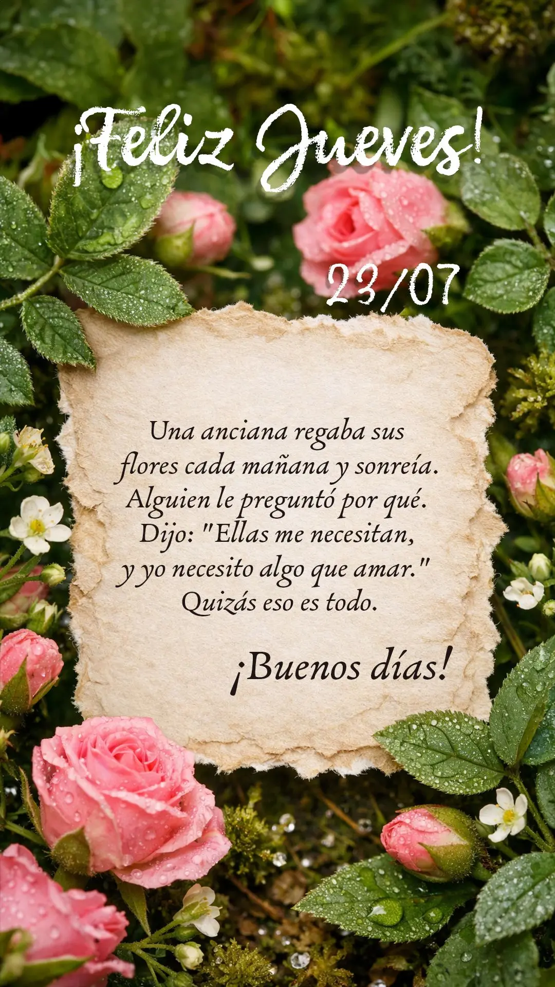 Una anciana regaba sus flores cada mañana y sonreía. Alguien le preguntó por qué. Dijo: "Ellas me necesitan, y yo necesito algo que amar." Quizás es...