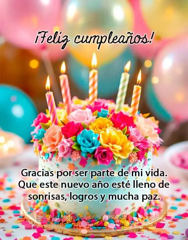 Gracias por ser parte de mi vida. Que este nuevo año esté lleno de sonrisas, logros y mucha paz. ¡Feliz cumpleaños!