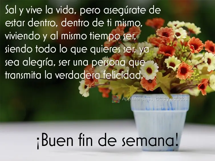 Sal y vive la vida, pero asegúrate de estar dentro, dentro de ti mismo, viviendo y al mismo tiempo ser, siendo todo lo que quieres ser, ya sea alegría,...
