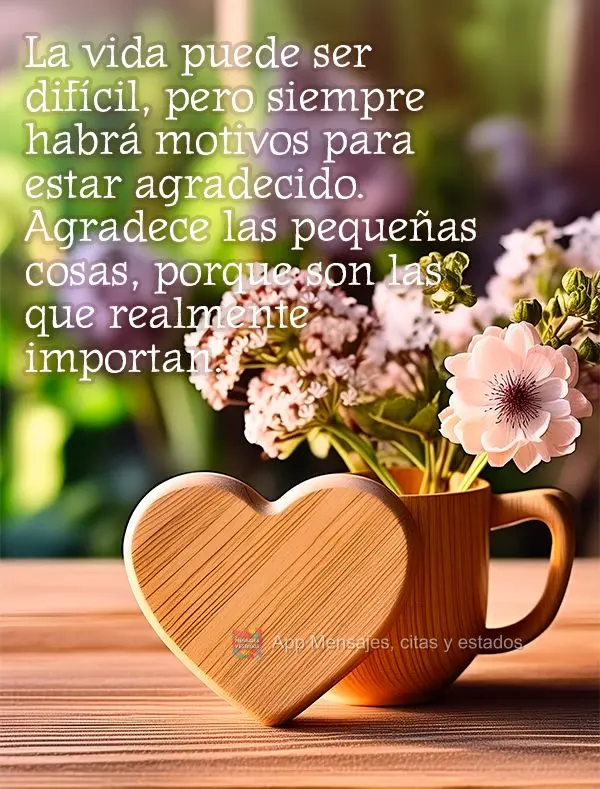 La vida puede ser difícil, pero siempre habrá motivos para estar agradecido. Agradece las pequeñas cosas, porque son las que realmente importan.