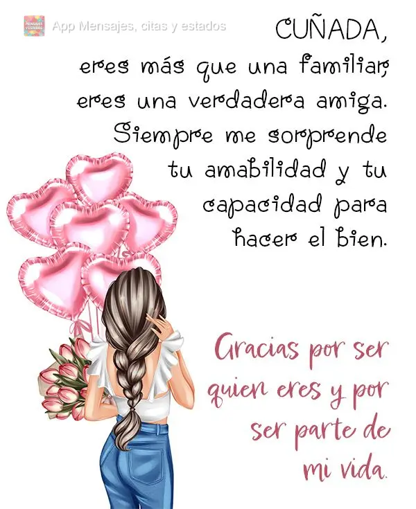 Cuñada, eres más que una familiar, eres una verdadera amiga. Siempre me sorprende tu amabilidad y tu capacidad para hacer el bien. Gracias por ser quie...