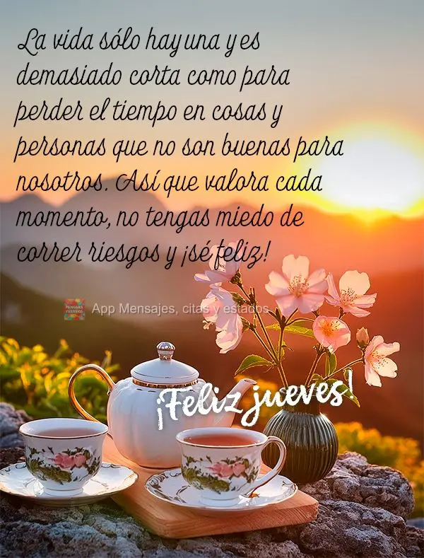 La vida sólo hay una y es demasiado corta como para perder el tiempo en cosas y personas que no son buenas para nosotros. Así que valora cada momento, ...