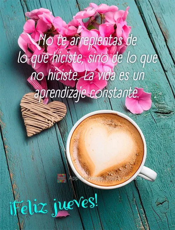 No te arrepientas de lo que hiciste, sino de lo que no hiciste. La vida es un aprendizaje constante. ¡Feliz jueves!