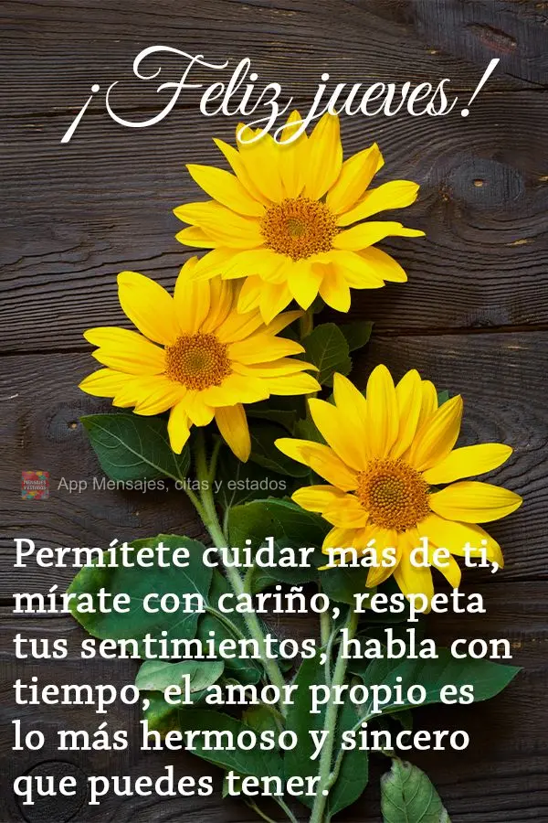 Permítete cuidar más de ti, mírate con cariño, respeta tus sentimientos, habla con tiempo, el amor propio es lo más hermoso y sincero que puedes ten...