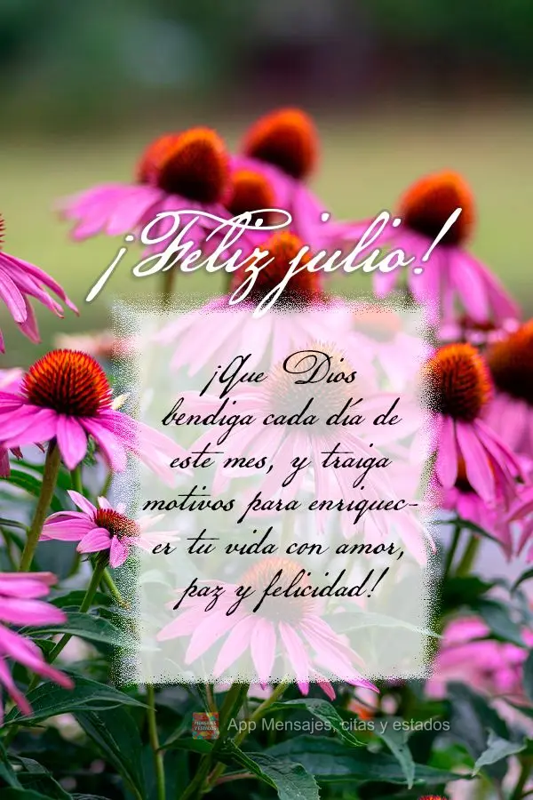 ¡Que Dios bendiga cada día de este mes, y traiga motivos para enriquecer tu vida con amor, paz y felicidad! ¡Feliz julio!
