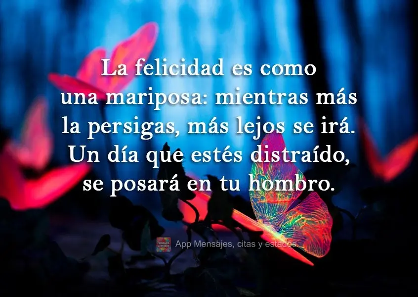 La felicidad es como una mariposa: mientras más la persigas, más lejos se irá. Un día que estés distraído, se posará en tu hombro.