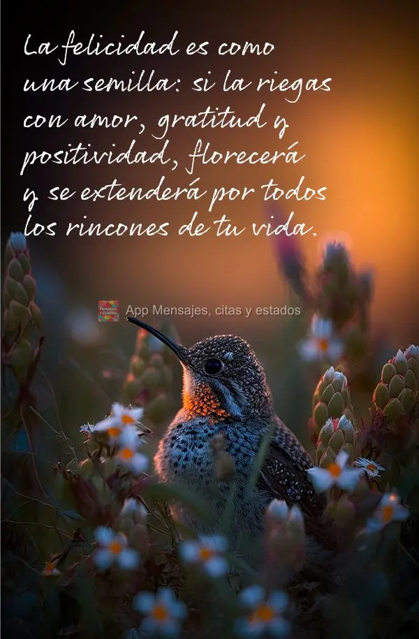 La felicidad es como una semilla: si la riegas con amor, gratitud y positividad, florecerá y se extenderá por todos los rincones de tu vida.