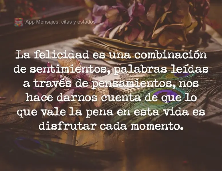 La felicidad es una combinación de sentimientos, palabras leídas a través de pensamientos, nos hace darnos cuenta de que lo que vale la pena en esta v...
