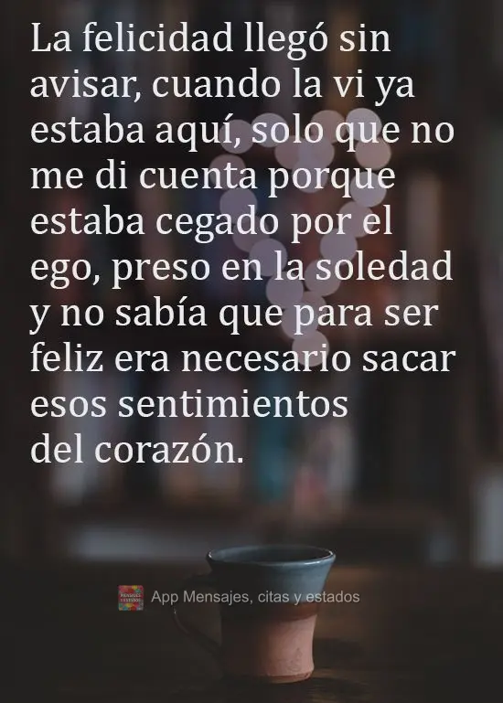 La felicidad llegó sin avisar, cuando la vi ya estaba aquí, solo que no me di cuenta porque estaba cegado por el ego, preso en la soledad y no sabía q...