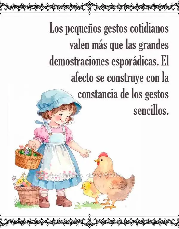Los pequeños gestos cotidianos valen más que las grandes demostraciones esporádicas. El afecto se construye con la constancia de los gestos sencillos....