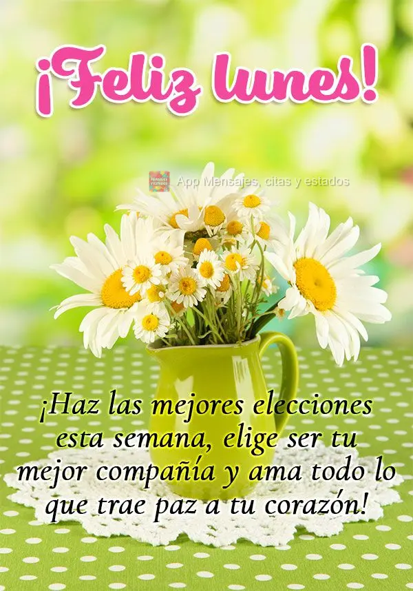 ¡Haz las mejores elecciones esta semana, elige ser tu mejor compañía y ama todo lo que trae paz a tu corazón! ¡Feliz lunes!