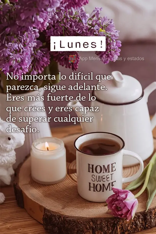 No importa lo difícil que parezca, sigue adelante. Eres más fuerte de lo que crees y eres capaz de superar cualquier desafío. ¡Lunes!