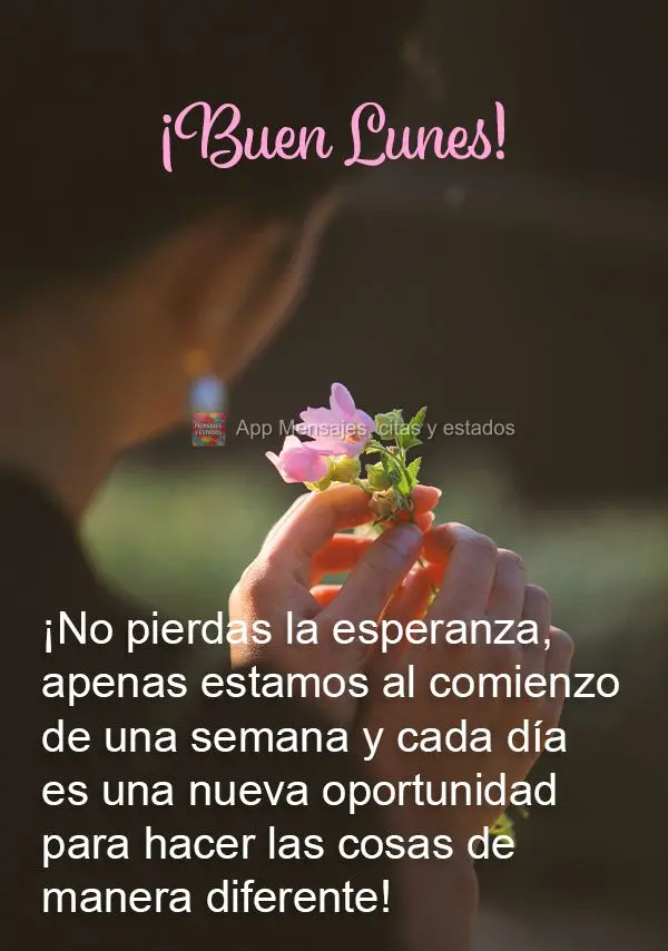 ¡No pierdas la esperanza, apenas estamos al comienzo de una semana y cada día es una nueva oportunidad para hacer las cosas de manera diferente! ¡Buen...