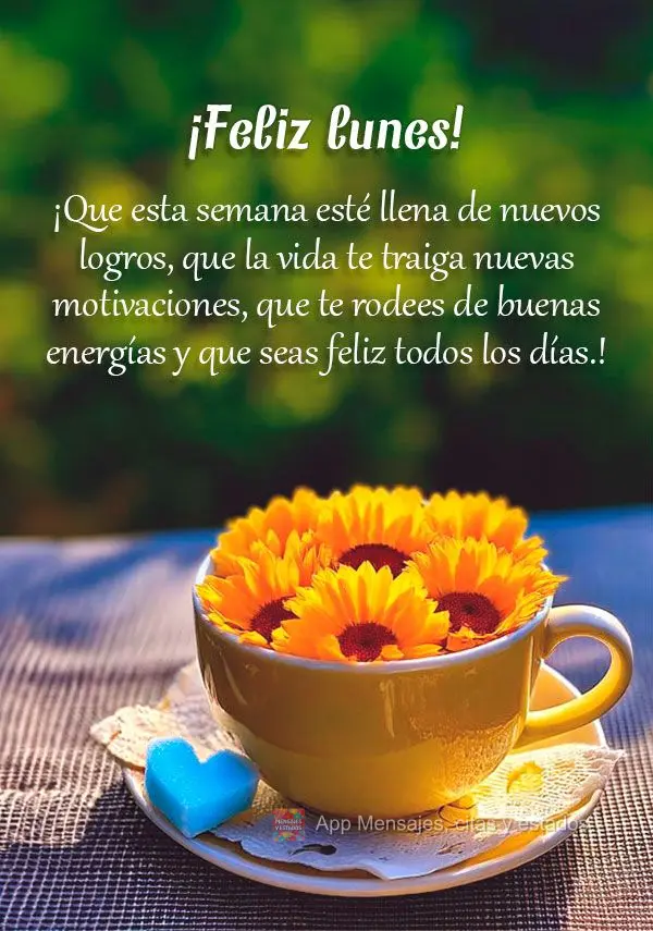 ¡Que esta semana esté llena de nuevos logros, que la vida te traiga nuevas motivaciones, que te rodees de buenas energías y que seas feliz todos los d...