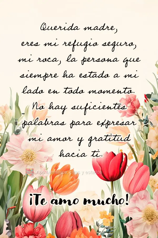 Querida madre, eres mi refugio seguro, mi roca, la persona que siempre ha estado a mi lado en todo momento. No hay suficientes palabras para expresar mi ...