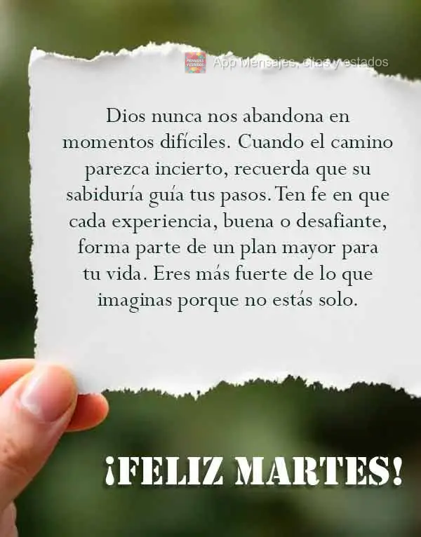 Dios nunca nos abandona en momentos difíciles. Cuando el camino parezca incierto, recuerda que su sabiduría guía tus pasos. Ten fe en que cada experie...