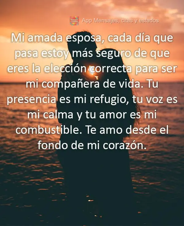 Mi amada esposa, cada día que pasa estoy más seguro de que eres la elección correcta para ser mi compañera de vida. Tu presencia es mi refugio, tu vo...