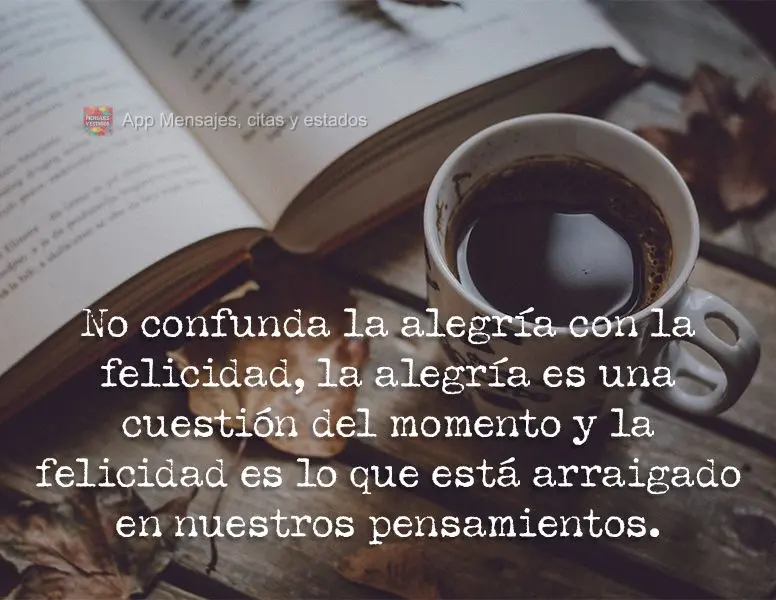 No confunda la alegría con la felicidad, la alegría es una cuestión del momento y la felicidad es lo que está arraigado en nuestros pensamientos.