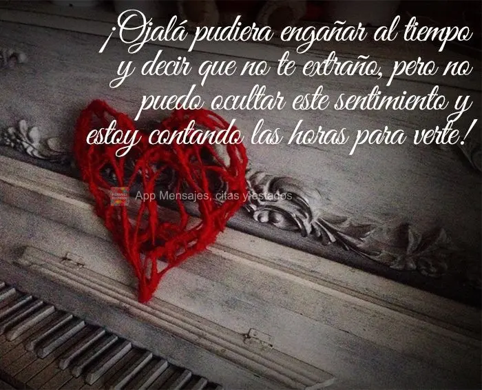 ¡Ojalá pudiera engañar al tiempo y decir que no te extraño, pero no puedo ocultar este sentimiento y estoy contando las horas para verte!