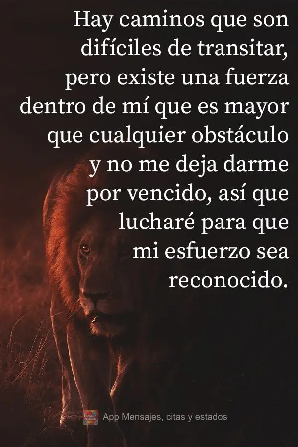 Hay caminos que son difíciles de transitar, pero existe una fuerza dentro de mí que es mayor que cualquier obstáculo y no me deja darme por vencido, a...