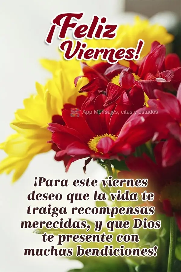 ¡Para este viernes deseo que la vida te traiga recompensas merecidas, y que Dios te presente con muchas bendiciones! ¡Feliz viernes!