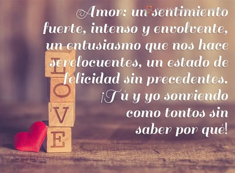 Amor: un sentimiento fuerte, intenso y envolvente, un entusiasmo que nos hace ser elocuentes, un estado de felicidad sin precedentes. ¡Tú y yo sonriend...