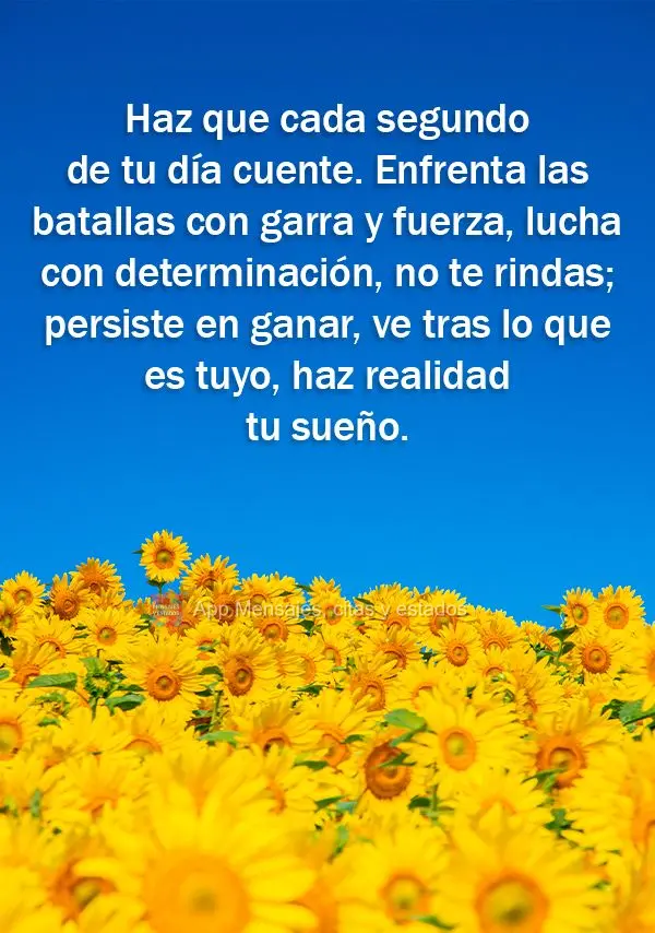 Haz que cada segundo de tu día cuente. Enfrenta las batallas con garra y fuerza, lucha con determinación, no te rindas; persiste en ganar, ve tras lo q...