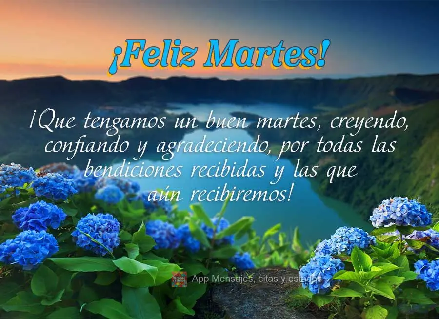 ¡Que tengamos un buen martes, creyendo, confiando y agradeciendo, por todas las bendiciones recibidas y las que aún recibiremos! ¡Feliz martes!