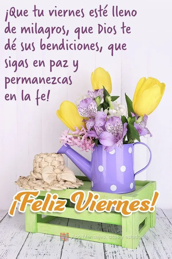 ¡Que tu viernes esté lleno de milagros, que Dios te dé sus bendiciones, que sigas en paz y permanezcas en la fe! ¡Feliz viernes!