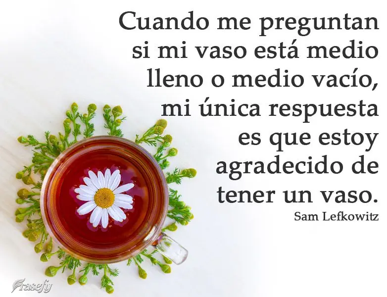 Cuando me preguntan si mi vaso está medio lleno o medio vacío, mi única respuesta es que estoy agradecido de tener un vaso.  Sam Lefkowitz