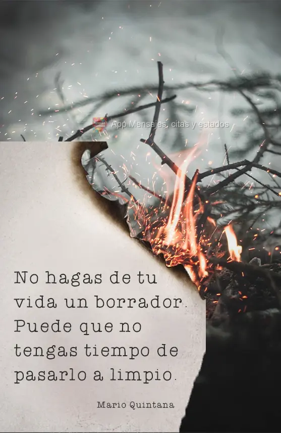No hagas de tu vida un borrador. Puede que no tengas tiempo de pasarlo a limpio. Mario Quintana