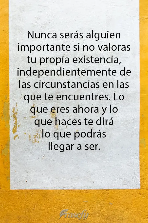 Nunca serás alguien importante si no valoras tu propia existencia, independientemente de las circunstancias en las que te encuentres. Lo que eres ahora ...